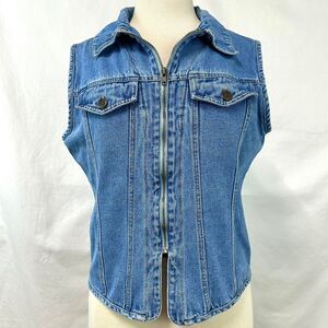 SOLUTIONS Vintage 90s Blue Denim Collared Zip Up‎ Vest Pockets Women's M Western